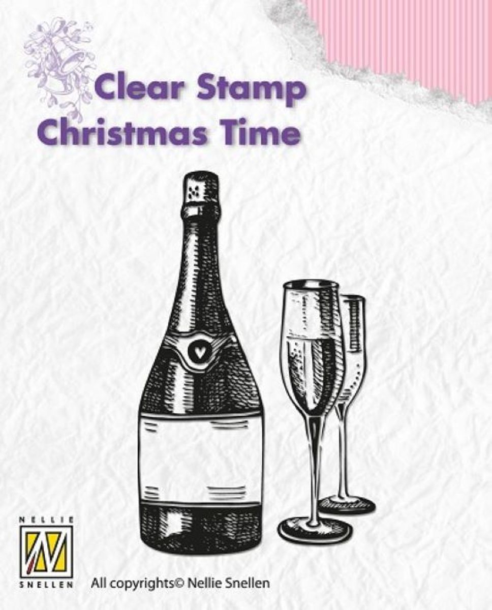 CT007 Happy New Year clearstamp Nellie Snellen wijn wijnglazen stempel kerst feest